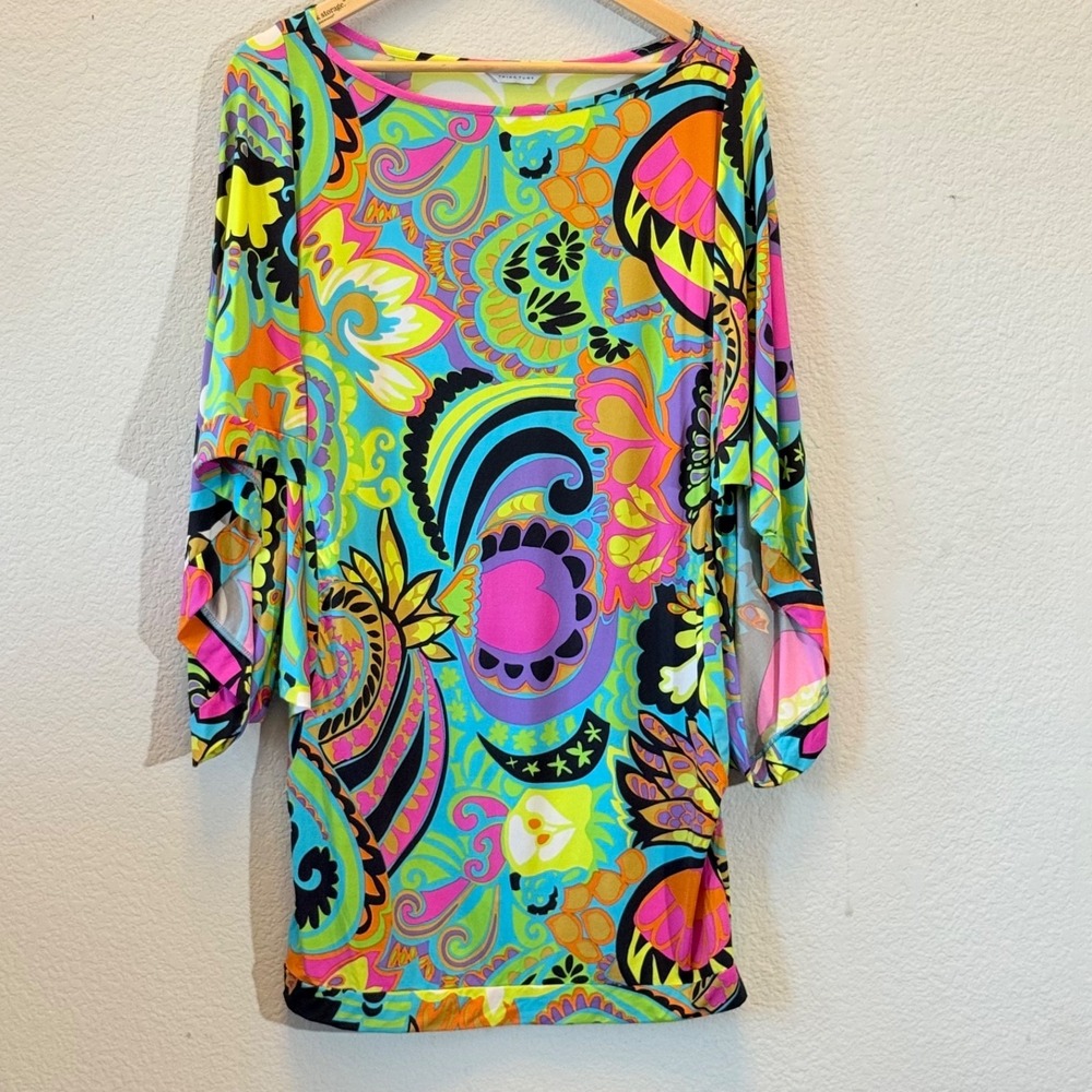 Trina Turk Womens S Multicolor Psychedelic Print Bell Sleeve Tunic Top